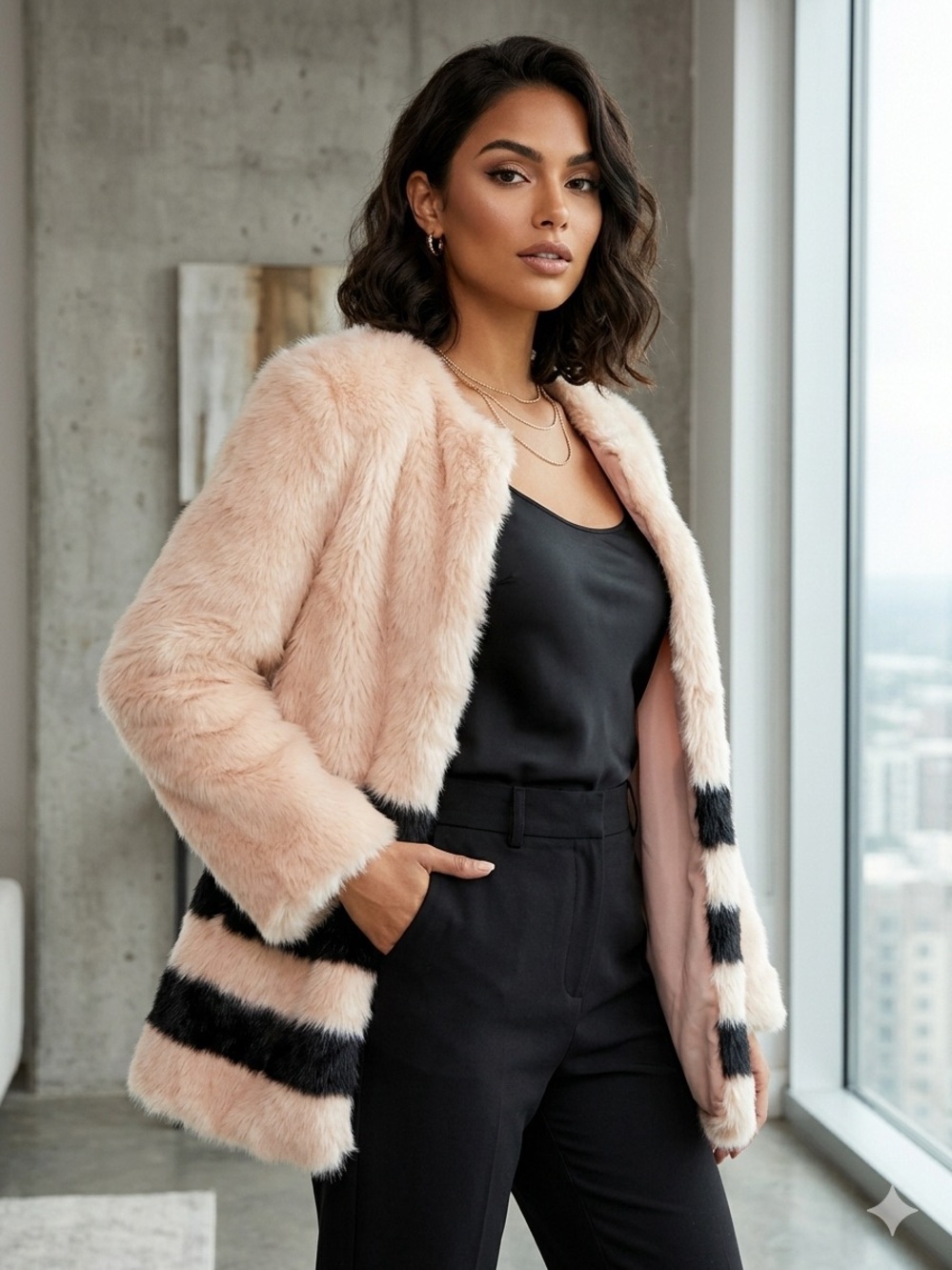 Stella + Lorenzo Pink Faux Fur Jacket with Black Stripe Accents size Small
